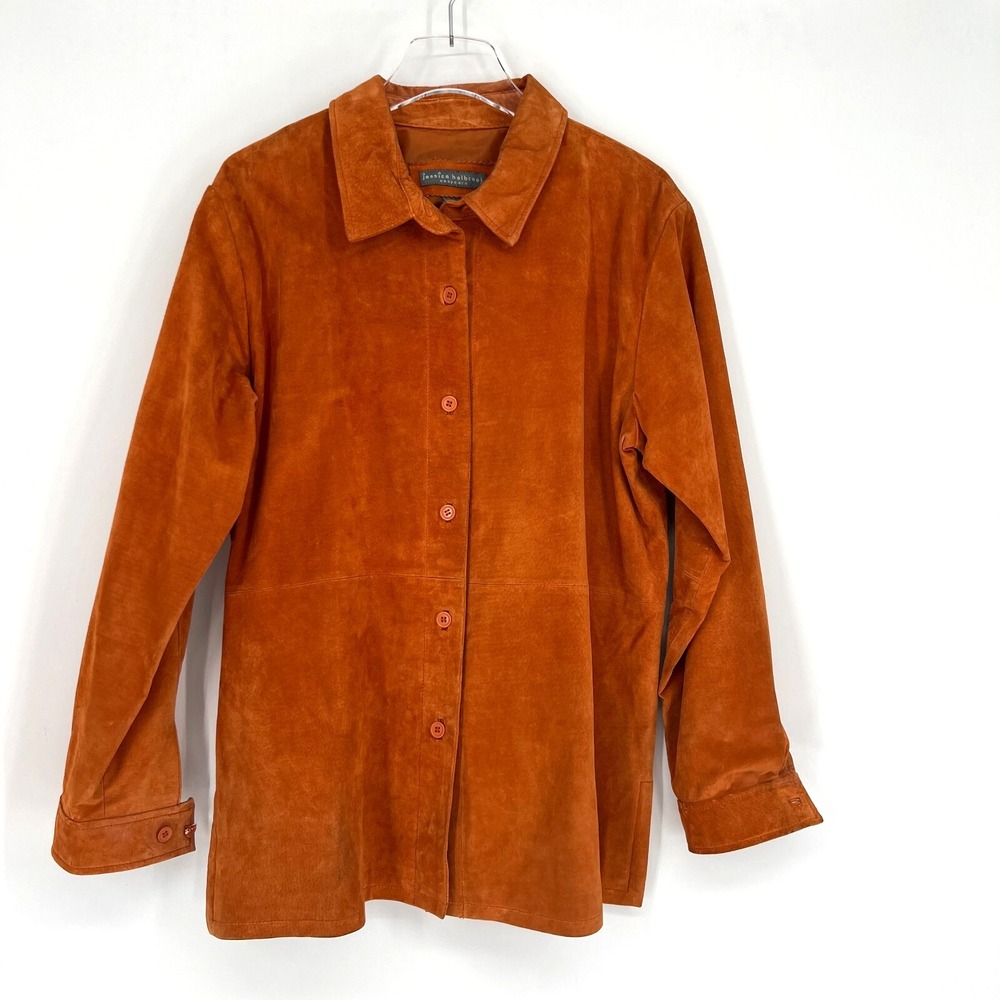 Jessica Holbrook Leather Jacket Womens L Orange Shacket Fall Suede‎ Coat